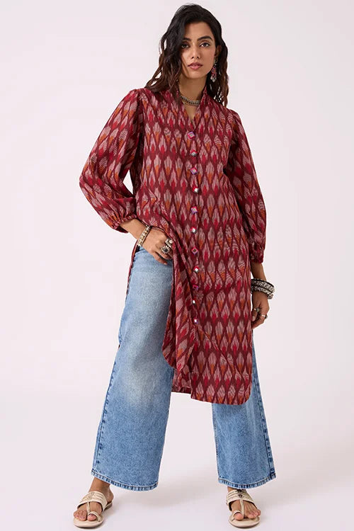 Okhai "Perky" Pure Cotton Ikat Maroon Kurta