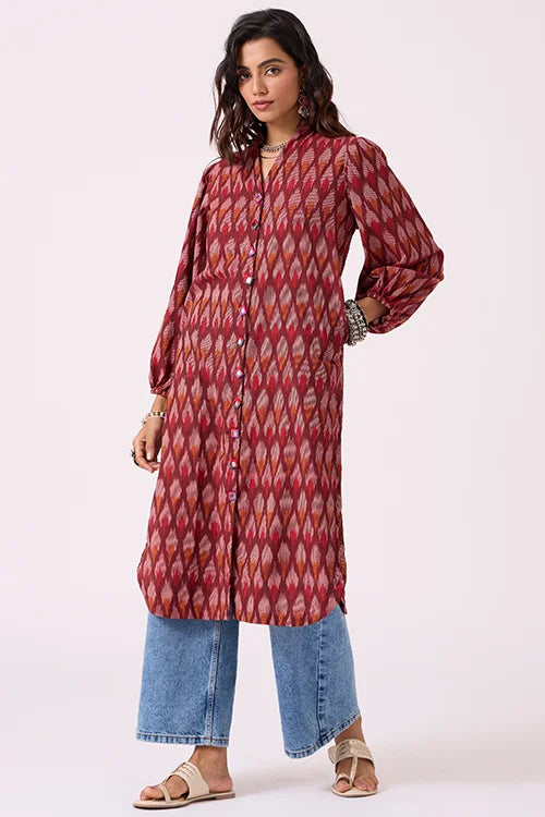 Okhai "Perky" Pure Cotton Ikat Maroon Kurta