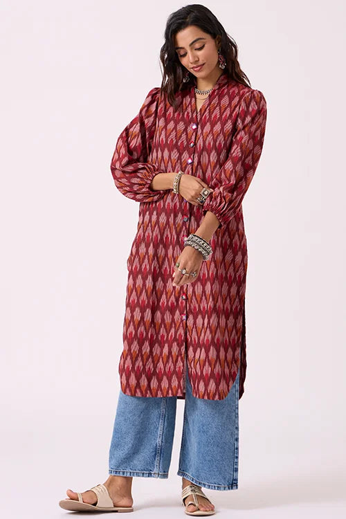 Okhai "Perky" Pure Cotton Ikat Maroon Kurta