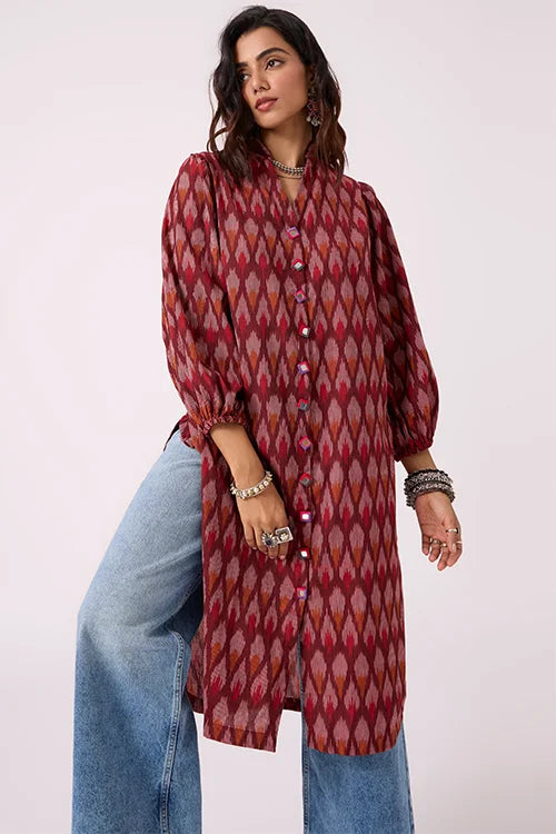 Okhai "Perky" Pure Cotton Ikat Maroon Kurta