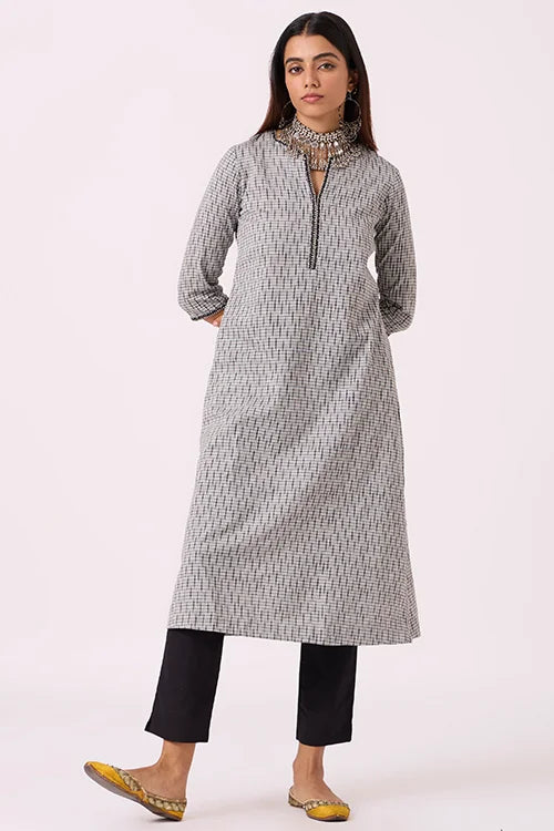 Okhai "Greyscape" Hand Embroidred and beadwork Pure Cotton Ikat Grey Kurta