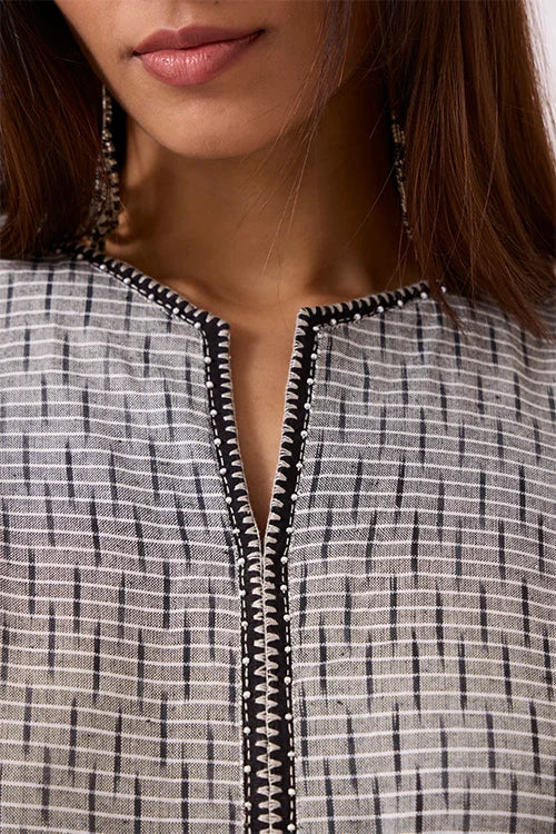 Okhai "Greyscape" Hand Embroidred and beadwork Pure Cotton Ikat Grey Kurta