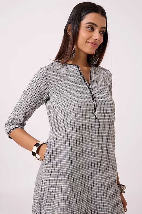 Okhai "Greyscape" Hand Embroidred and beadwork Pure Cotton Ikat Grey Kurta