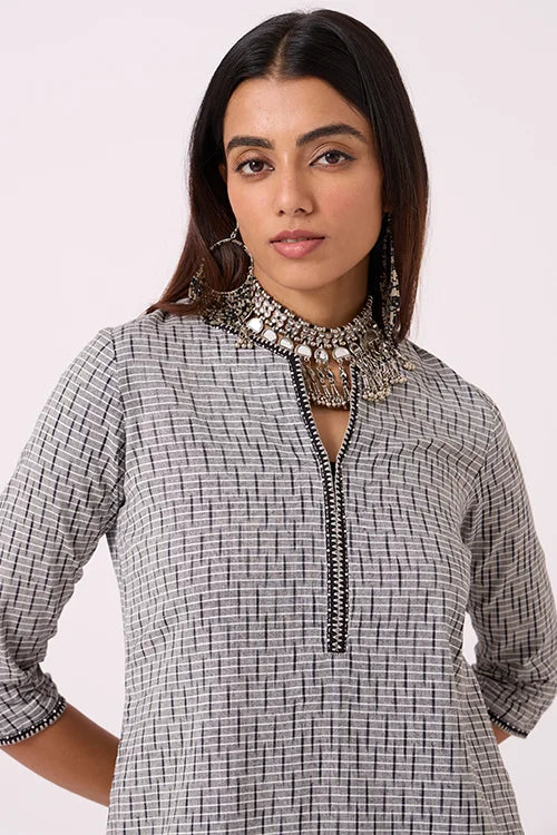 Okhai "Greyscape" Hand Embroidred and beadwork Pure Cotton Ikat Grey Kurta