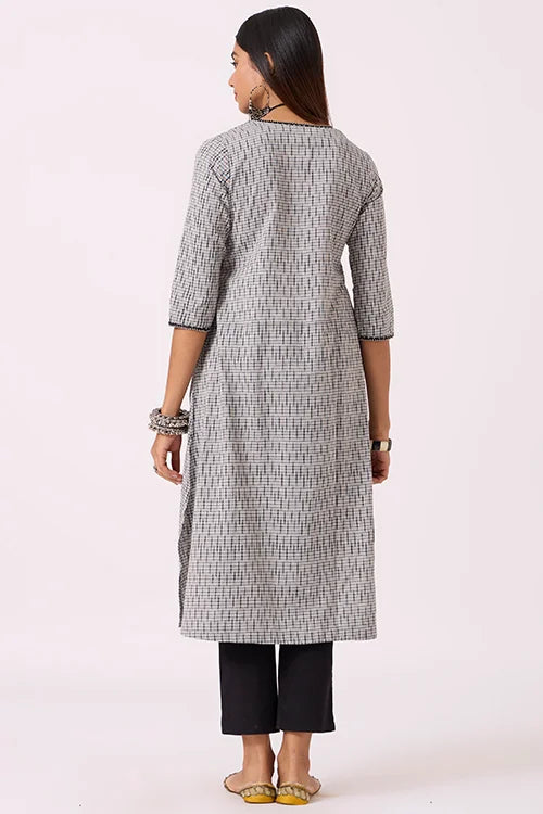 Okhai "Greyscape" Hand Embroidred and beadwork Pure Cotton Ikat Grey Kurta