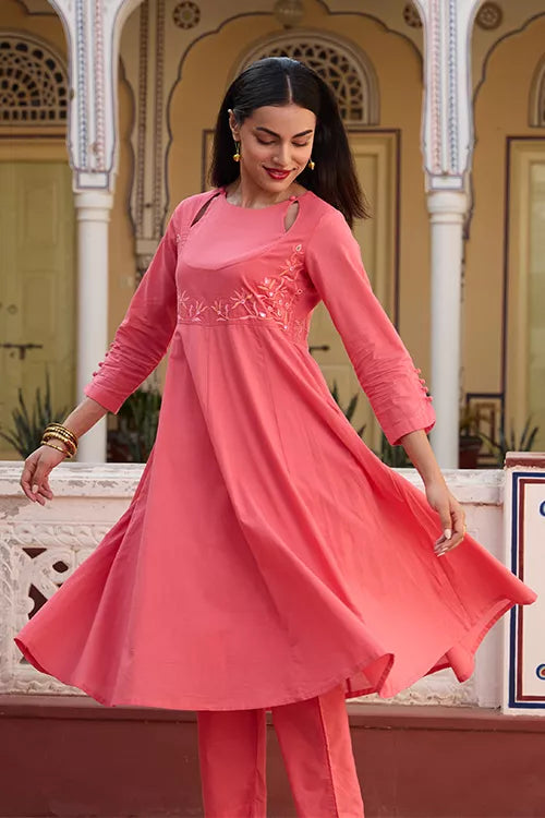 Okhai 'Rose' Pure Cotton Hand Embroidery and Mirror Work Flared Kurta