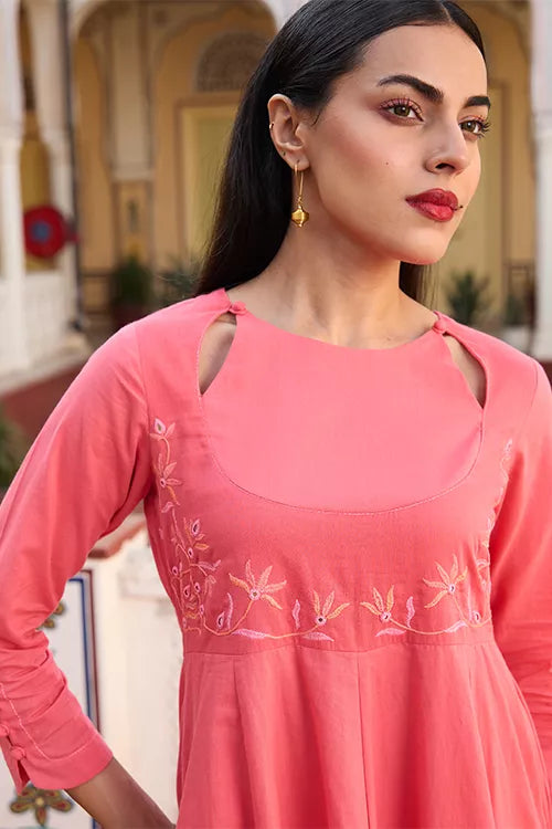 Okhai 'Rose' Pure Cotton Hand Embroidery and Mirror Work Flared Kurta