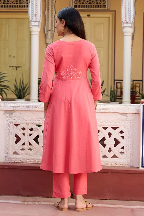 Okhai 'Rose' Pure Cotton Hand Embroidery and Mirror Work Flared Kurta