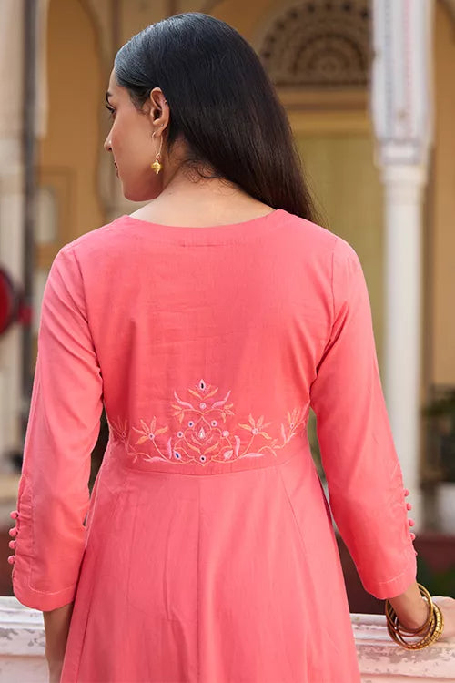 Okhai 'Rose' Pure Cotton Hand Embroidery and Mirror Work Flared Kurta