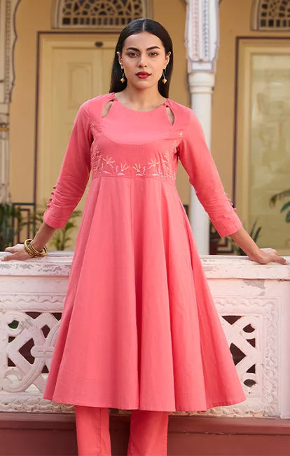 Okhai 'Rose' Pure Cotton Hand Embroidery and Mirror Work Flared Kurta