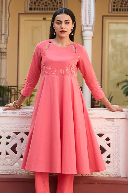Okhai 'Rose' Pure Cotton Hand Embroidery and Mirror Work Flared Kurta
