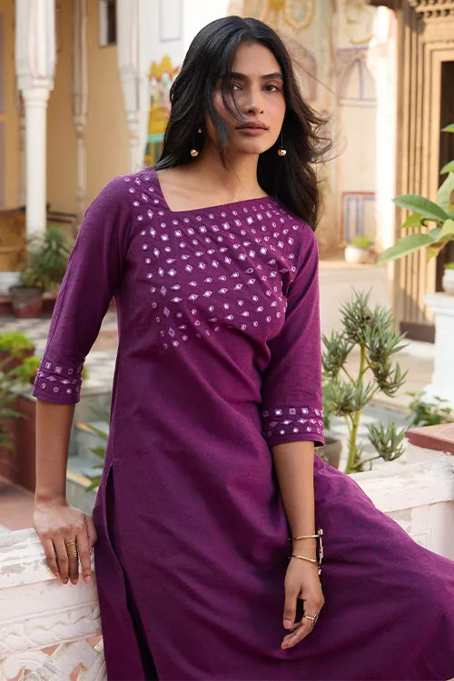 Okhai 'Plum Forest' Pure Cotton Hand Embroidered Mirror Work Kurta