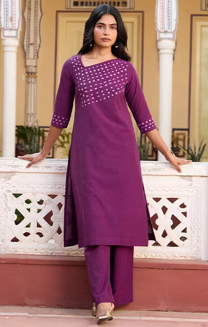 Okhai 'Plum Forest' Pure Cotton Hand Embroidered Mirror Work Kurta