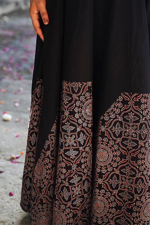 Okhai 'Midnight'  Black Ajrakh Pure Cotton Free Size Skirt