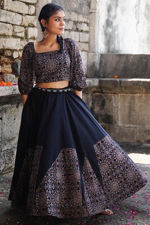 Okhai 'Midnight'  Black Ajrakh Pure Cotton Free Size Skirt