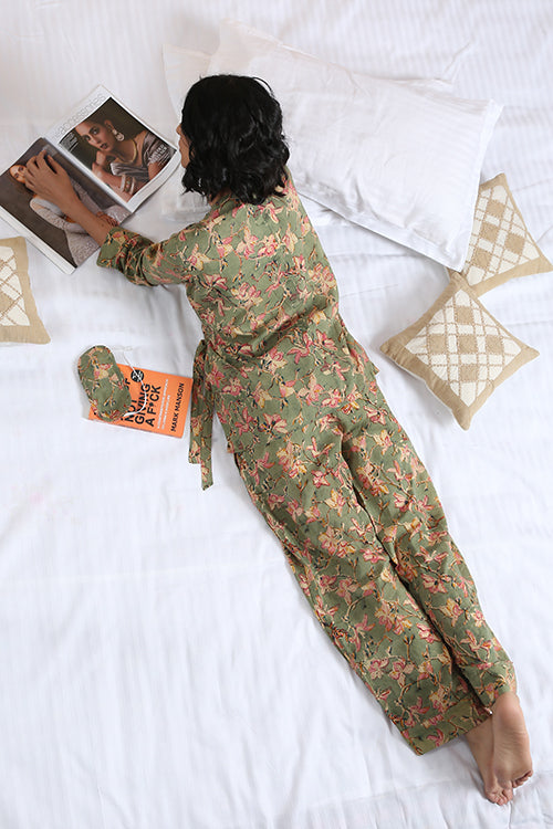 Okhai 'Paradise' Pure Cotton Hand Block Printed Three Piece Night Suit | Rescue