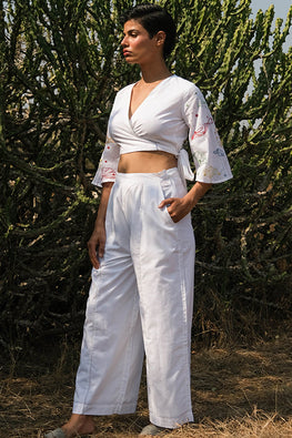 Okhai 'White Sky' Hand Embroidered Cotton Pants | Rescue