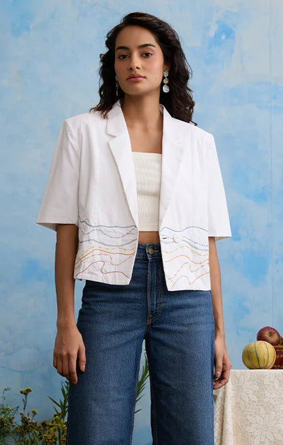 Okhai 'Snow Blossom' Pure Cotton Hand Embroidered Blazer