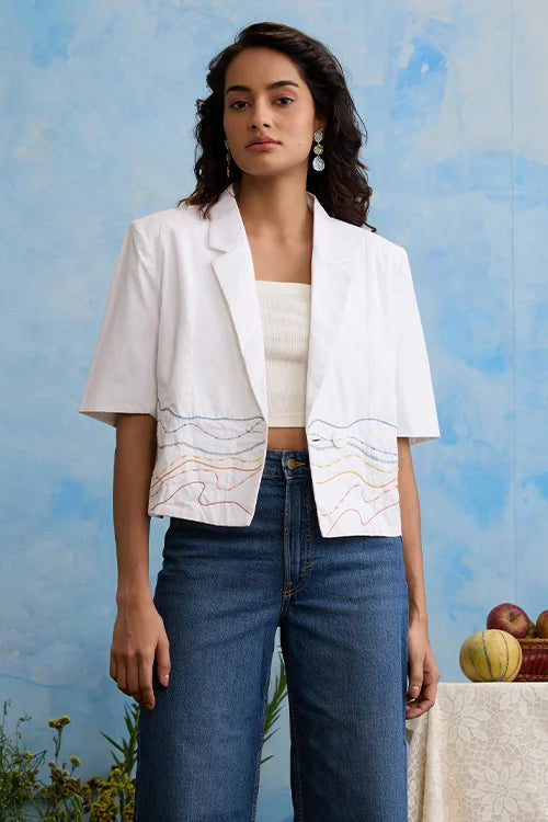 Okhai 'Snow Blossom' Pure Cotton Hand Embroidered Blazer