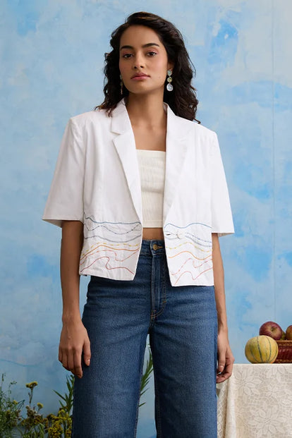 Okhai 'Snow Blossom' Pure Cotton Hand Embroidered Blazer