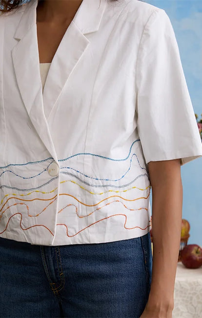 Okhai 'Snow Blossom' Pure Cotton Hand Embroidered Blazer
