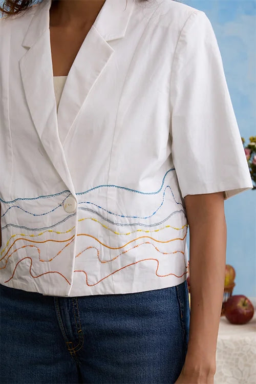 Okhai 'Snow Blossom' Pure Cotton Hand Embroidered Blazer
