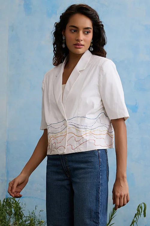 Okhai 'Snow Blossom' Pure Cotton Hand Embroidered Blazer