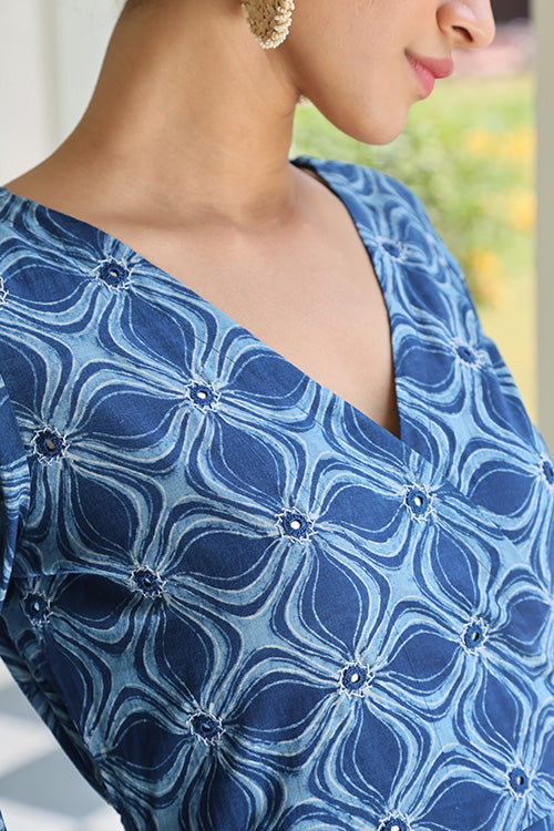 Mingle-Mangle Embroidered Indigo Hand Block Printed Dress For Women Online