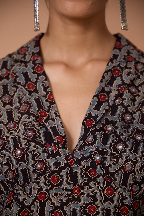 Black Garnet Handblock Printed Ajrakh Collared Pure Cotton Short Dress for Women Online.