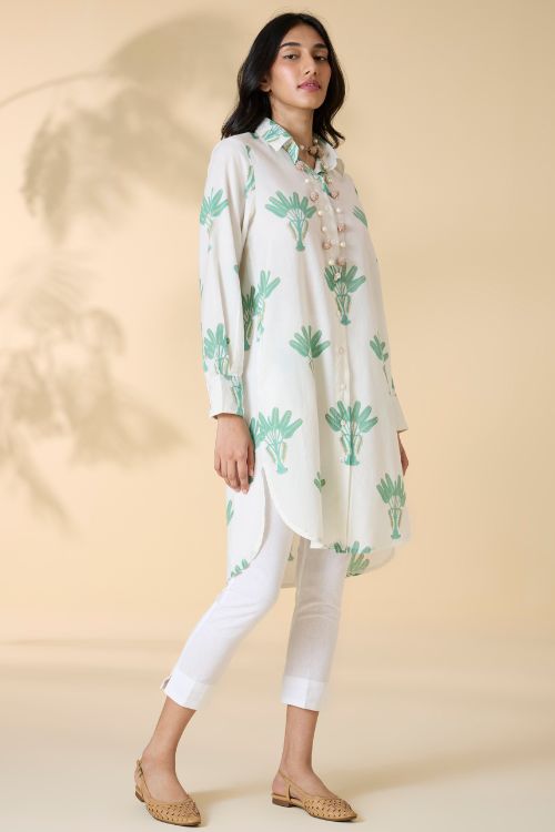 Okhai "Malibu" Handblock Printed Pure Cotton Collared Shirt Dress