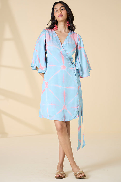 Athens Blue Tie and Dye Modal Silk Wrap Dress For Women Online