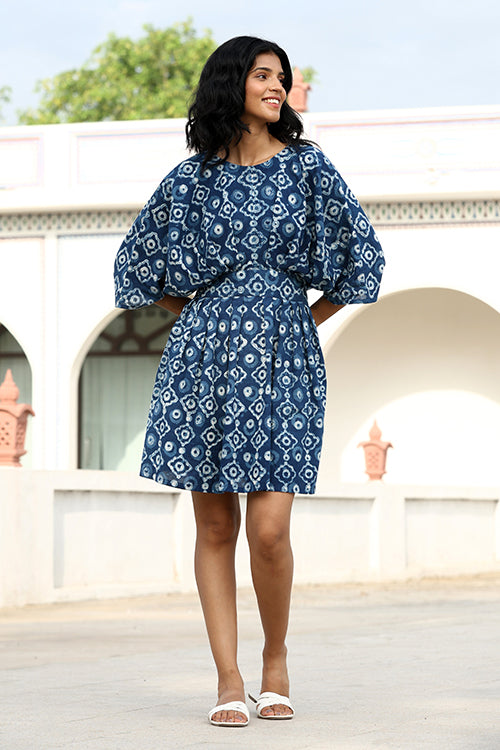 Okhai "Agatha" Handblock Printed Pure Cotton Indigo Dress