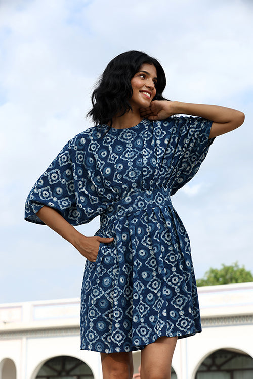 Okhai "Agatha" Handblock Printed Pure Cotton Indigo Dress