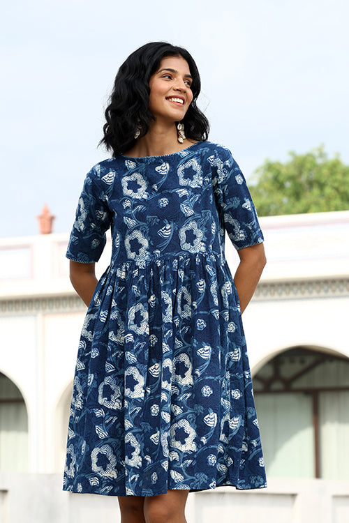 Okhai "Indira" Hand-Embroidered Pure Cotton Indigo Dress