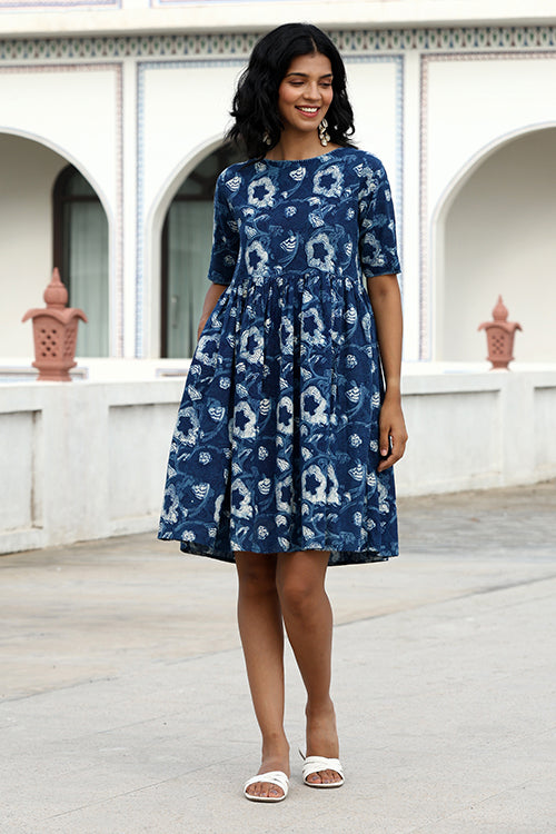 Okhai "Indira" Hand-Embroidered Pure Cotton Indigo Dress