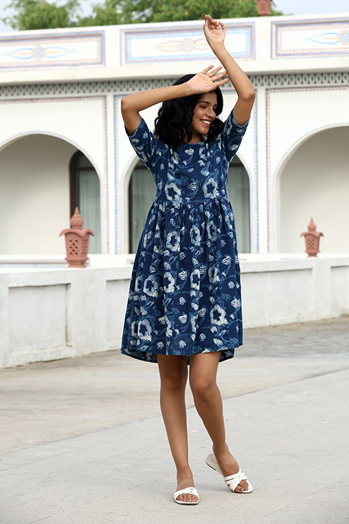 Okhai "Indira" Hand-Embroidered Pure Cotton Indigo Dress