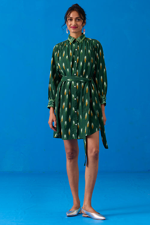 Okhai “Peacock Flare” Hand-Embroidered Ikkat Pure Cotton Shirt Dress