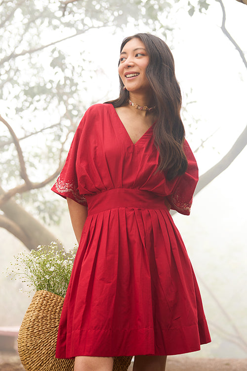 Okhai "Strawberry Crush" Hand-Embroidered Pure Cotton Maroon Red Dress