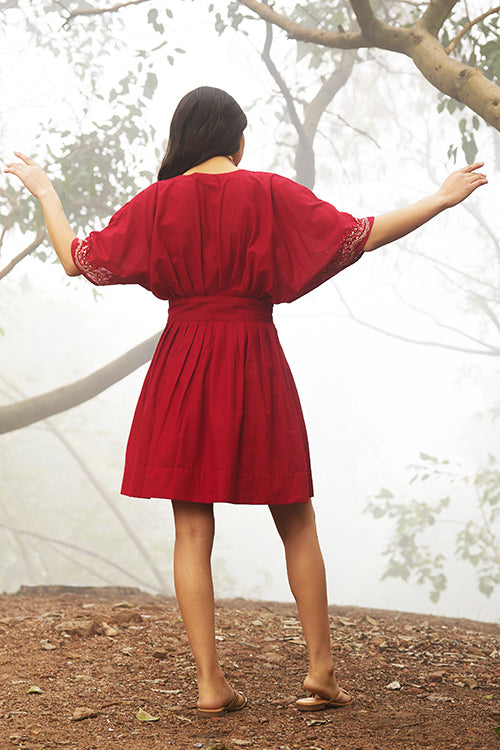 Okhai "Strawberry Crush" Hand-Embroidered Pure Cotton Maroon Red Dress