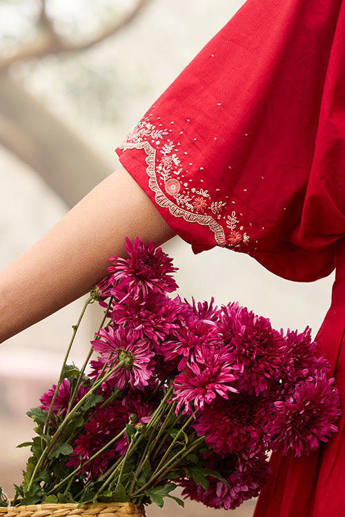 Okhai "Strawberry Crush" Hand-Embroidered Pure Cotton Maroon Red Dress