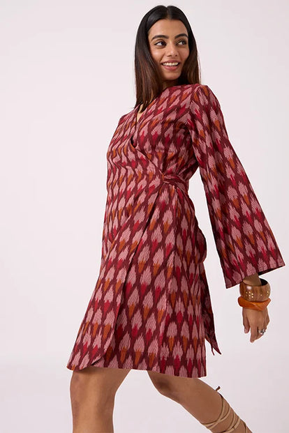 Okhai "Pomello" Pure Cotton Ikat Maroon Wrap Dress