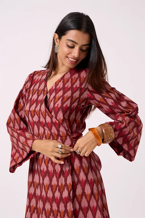 Okhai "Pomello" Pure Cotton Ikat Maroon Wrap Dress
