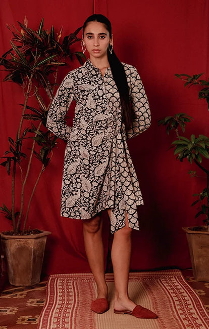 Okhai "Wild Card" Handblock Printed Pure Cotton Wrap Shirt Dress