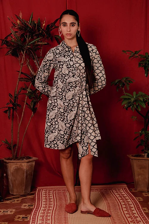 Okhai "Wild Card" Handblock Printed Pure Cotton Wrap Shirt Dress