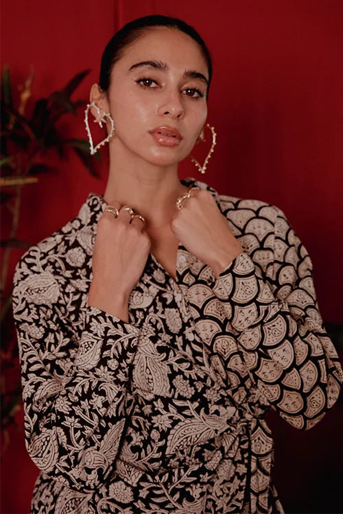 Okhai "Wild Card" Handblock Printed Pure Cotton Wrap Shirt Dress