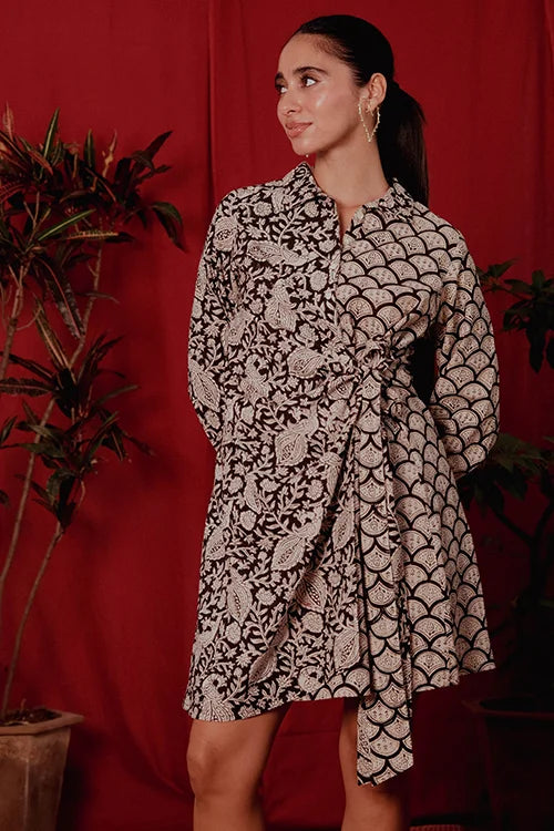 Okhai "Wild Card" Handblock Printed Pure Cotton Wrap Shirt Dress