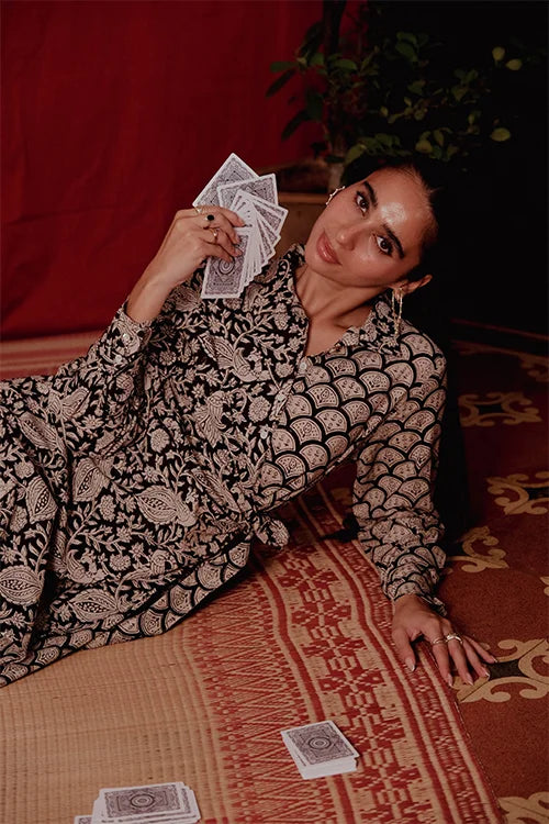 Okhai "Wild Card" Handblock Printed Pure Cotton Wrap Shirt Dress