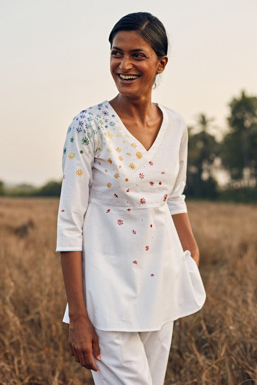 Okhai 'Melange' Hand Embroidered Mirror Work Pure Cotton Short Top | Rescue