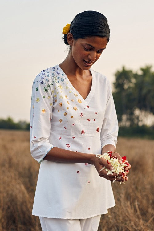 Okhai 'Melange' Hand Embroidered Mirror Work Pure Cotton Short Top | Rescue