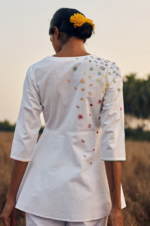 Okhai 'Melange' Hand Embroidered Mirror Work Pure Cotton Short Top | Rescue